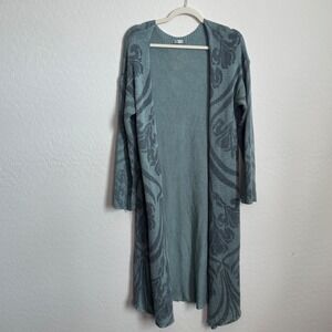 Indah‎ Womens Longline Duster Cardigan Blue Grey Damask Knit Open Front SM Boho